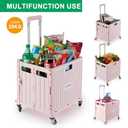 Folding Utility Cart Portable Rolling Crate Handcart Shopping Trolley Collapsible Tool Box, with Lid, Basket on 4 Rotate Wheels, for Grocery, Shopping, Office, Teacher (Pink)