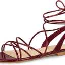 PARTY Women's Strappy Sandals Gladiator Lace Up Flats Summer Wrap Open Toe Tie Up Shoes, Burgundy, 8