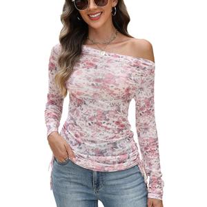 CiCiBird Womens 2025 Fall Off Shoulder Tops Long Sleeve Floral Mesh Shirts Trendy Going Out Outfits (M)