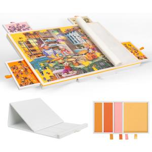 Tektalk Jigsaw Puzzle Table with Integrated Adjustable Stand/Bracket, 3-Tilting-Angle Super Lightweight Felt Puzzle Plateau Board with Cover & 4 Sorting Drawers, for Up to 1000 Pieces - Orange, 29.9 X 20.1 Inches