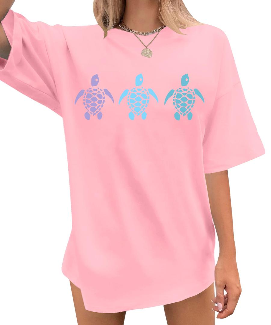 QAUN Sea Turtle Shirts Women: Oversized Hawaiian Shirt Beach Graphic T-Shirt Turtle Graphic Tee Casual Vacation Tops(Pink1, Medium) (M)