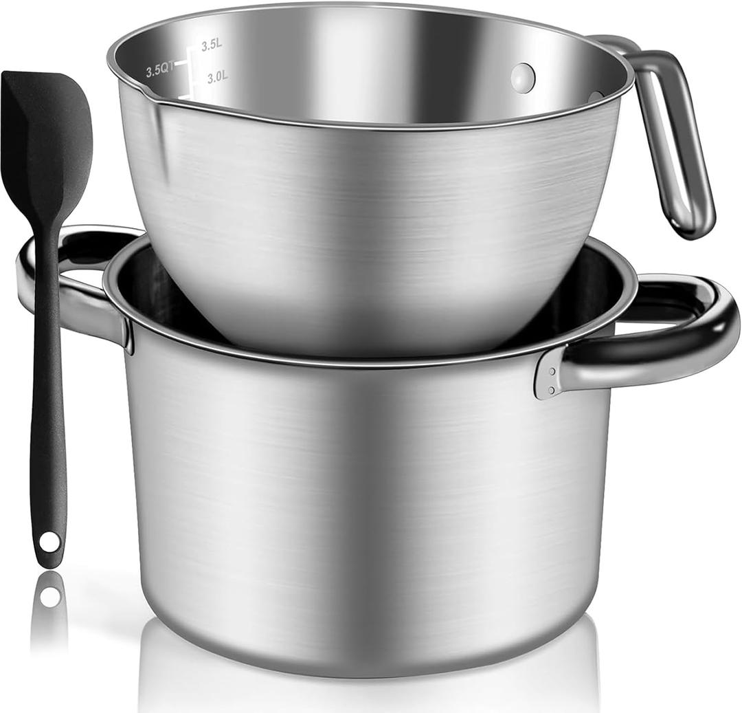 Large Double Boiler Pot Set,3500ML/3.1QT Mixing Bowl for Chocolate Melting, 5000ML/ 4.5QT 304 Stainless Steel Pot With Silicone Spatula for Melting Chocolate, Candy, Candle, Soap, Wax