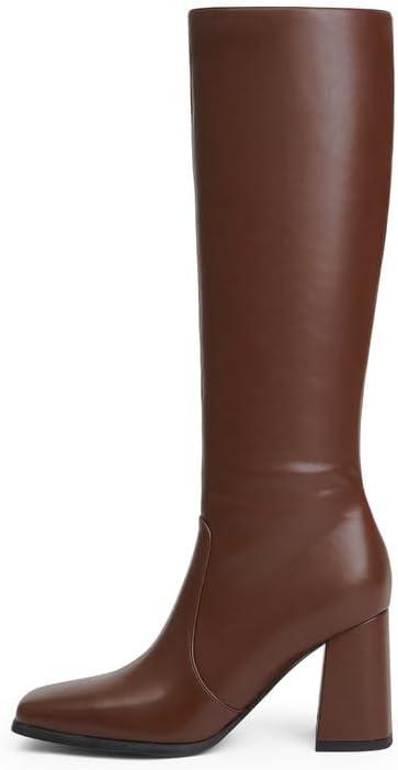 Knee High Boots Women Chunky Heel Square Toe Tall Boots Women Heeled Size Zipper Long Boots (6.5, Brown)