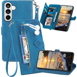 for Samsung S26+ Plus Flip Wallet Case with 7 Card Slots SZY Blue | Women Floral Embossed PU Leather Case with Card Holder Zipper Pocket & Wrist Strap Shockproof Cover for Galaxy S26+ Plus