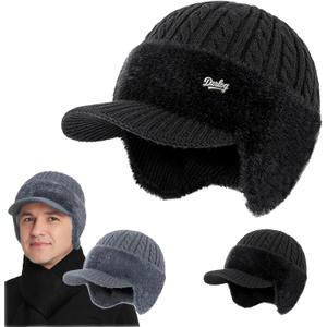 Blocking Knitted Hats with Ear Flaps and Wool Brim, Outdoor Warm Fleece Lined Knit Hat Stocking Caps for Men Women