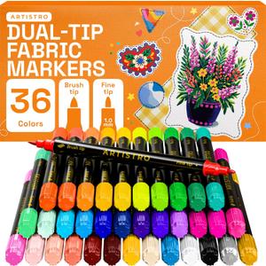 ARTISTRO 36 Dual-Tip Fabric Markers - Fabric Decorating Kit - Permanent for Clothes - No Bleed Pens for T-Shirts, Bags, Textile, Canvas, and More (Brush Tip and Fine Tip)