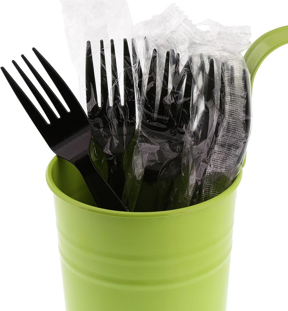 AmerCareRoyal 1000 Units Medium Heavy Weight Individually Wrapped Disposable Polystyrene Plastic Forks for Restaurants and Catering, Black