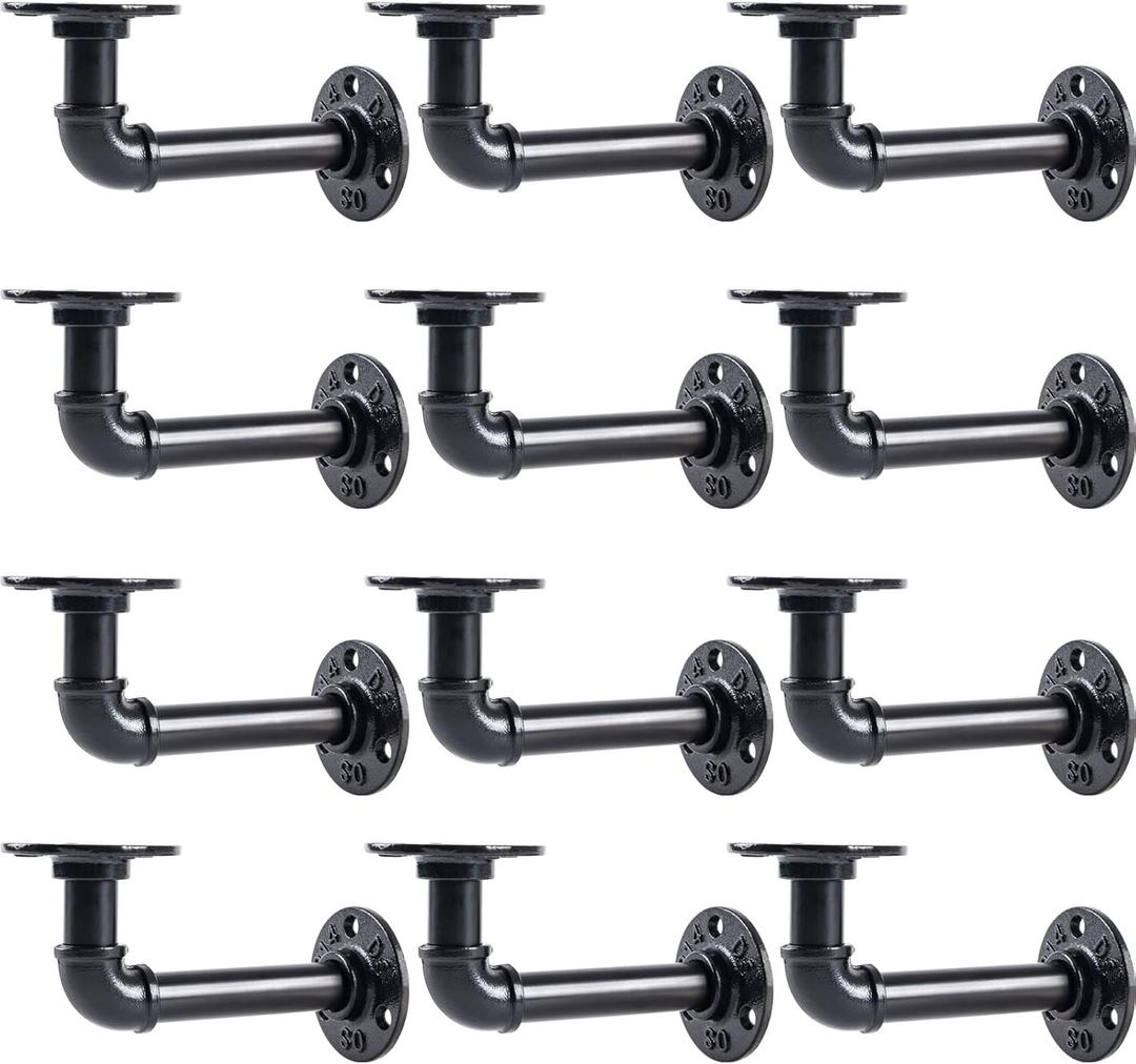 L-Shaped Industrial Pipe Shelf Brackets, Black Metal Wall-Mounted Floating Shelf Supports for 8-14 Inch Plates, Heavy-Duty DIY Rack Supports, Iron Material (12-Pack Black)