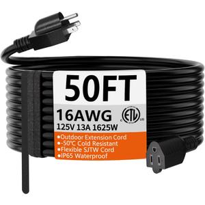 HUANCHAIN 50 FT 16 Gauge Black Indoor Outdoor Extension Cord Waterproof, Flexible Cold Weather 3 Prong Electric Cord Outside, 13A 1625W 125V 16AWG SJTW, ETL Listed