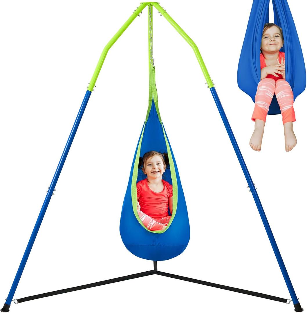 FUNLIO 2-in-1 Sensory Swing with Stand, Triangular Frame Swing Set with Sensory Swing & Pod Swing, Heavy Duty Steel Swing Stand for Kids, 240 lbs Capacity, Indoor & Outdoor, Height Adjustable Design