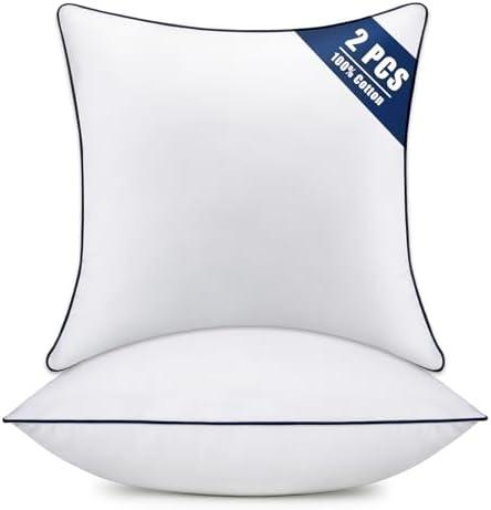 Throw Pillow Inserts Set of 2-Fluffy Square Cushions with 100% Cotton Covers-Decorative White Pillow Fillers for Sofa, Bed, Couch, Living Room, Indoor Hotel Pillows (12x12 Inch (Pack of 2)-Blue Edge)