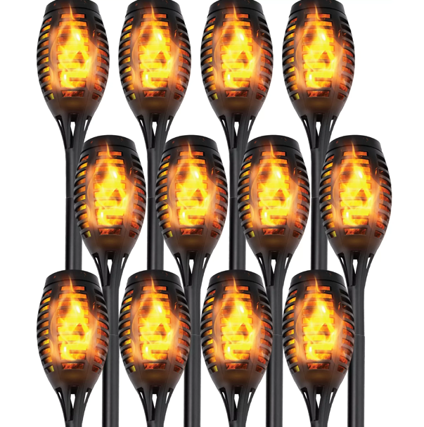 Maggift 12 pack Solar Torch Lights with Flickering Flame, Waterproof, Dusk to Dawn LED Lights for Garden Patio Pathway Walkway Landscape, Black