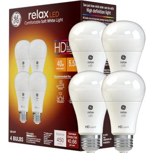 GE Relax LED Light Bulbs, 40 Watt, Soft White, A19 (4 Pack)