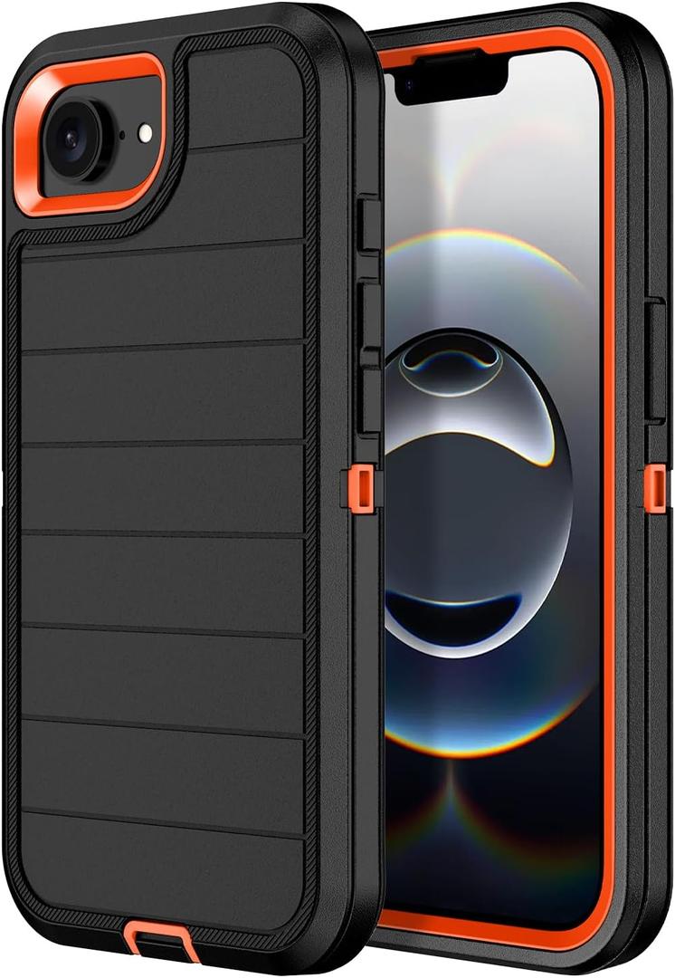 for iPhone 16e Case Heavy Duty 3-Layer[Shockproof][Dropproof][Dust-Proof] Military Grade Rugged Full Body Protection Cover Case for Apple iPhone 16e 6.1 inch 2025,Black/Orange