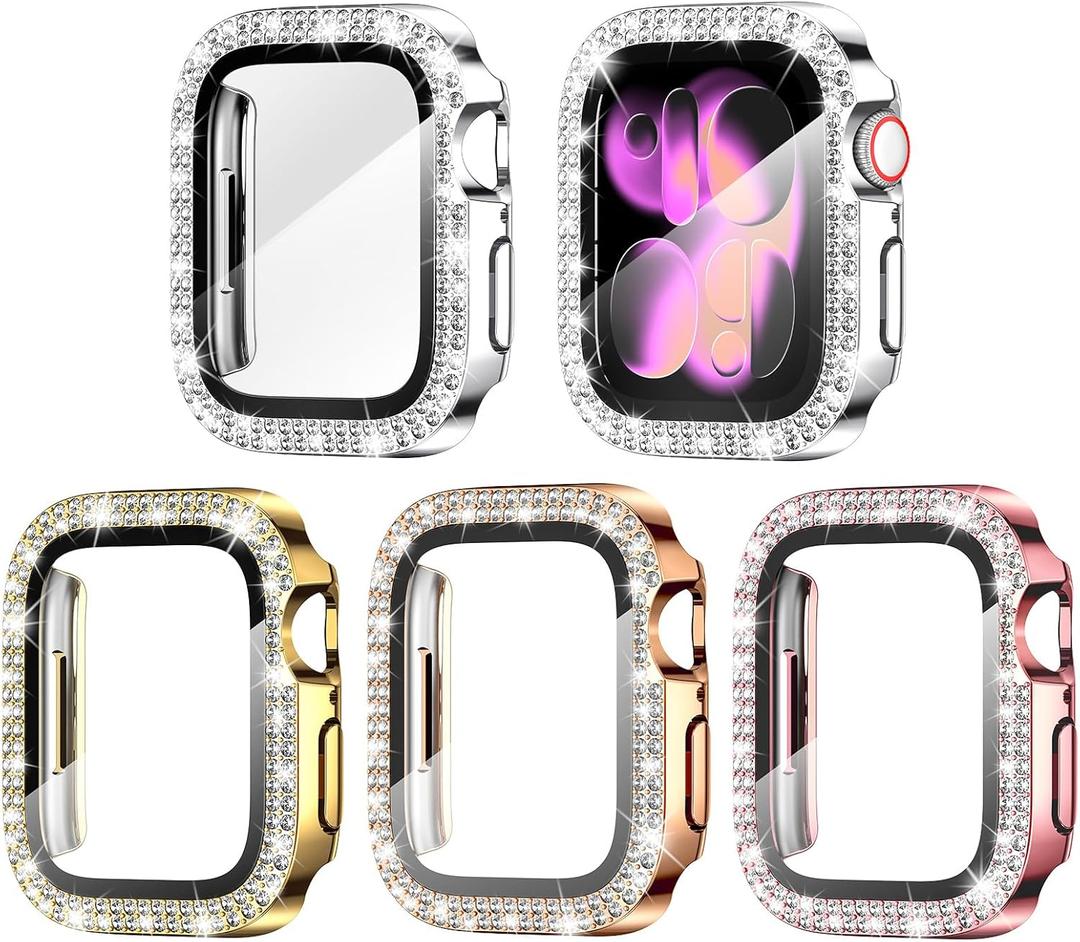 Goton 4-Pack Bling Case for Apple Watch Series 11/10 Screen Protector Case 42mm, Women Glitter Diamond Rhinestone Protector for iWatch Cover Accessories 42 mm (Silver+Gold+Rose Gold+Pink( Glass))