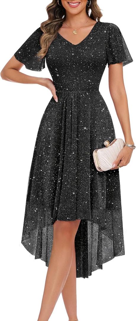 BeryLove Women Sequin Formal Cocktail Dress Aline Short Sleeve Wedding Guest Midi Evening Dress (Small, Black)