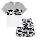 PATPAT Boys Summer Outfits, Grey Camo Tshirts and Shorts with Pockets, Crew Neck Short Sleeve Tshirts Stretch Shorts 2 Piece Outfits Boys Short Sets, Size 7-8 Years
