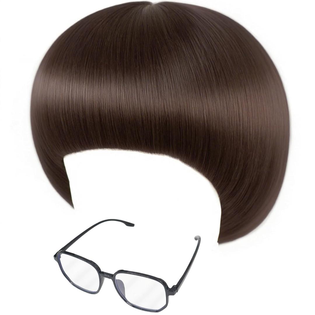 ANOGOL Hair Cap + Glasses+ Short Brown Bowl Cut Wig Mushroom Wigs with Bangs for Men Boys Women Funny Wigs for Movie Halloween Cosplay Costume Party Christmas