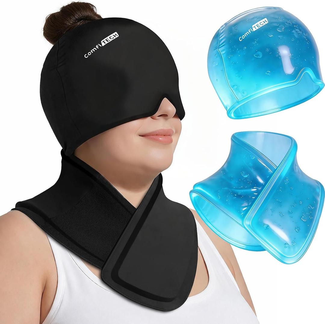 ComfiTECH Migraine Relief Cap & Extra Long Neck Ice Pack Wrap Set, Cooling Head Wrap for Headaches with Extended Cervical Ice Pack for Neck Pain, Stiff Shoulder Relief After Work, Large