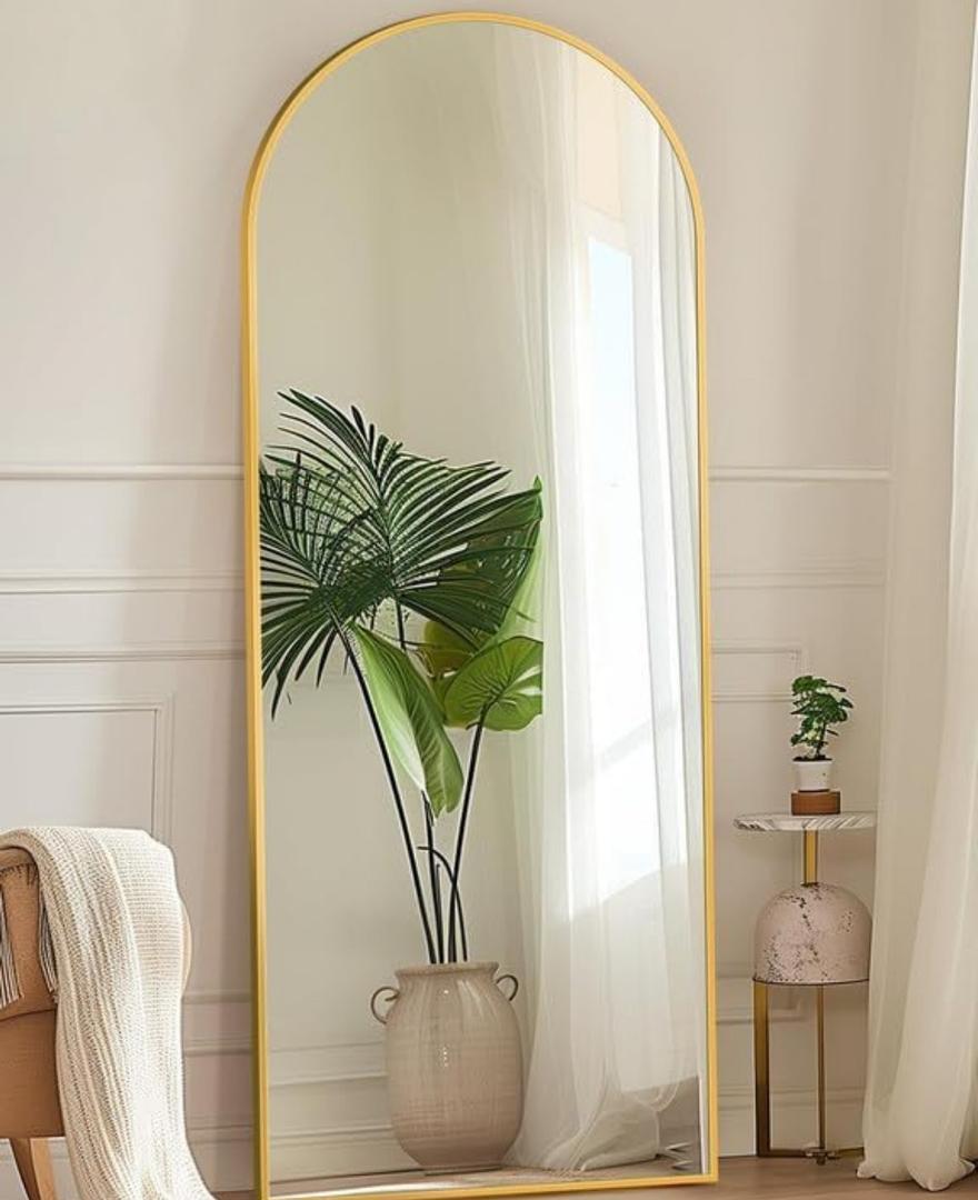 Antok Full Length Mirror, 58"x18" Floor Mirror with Stand, Hanging Mounted Mirrors for Bedroom, Living Room, Cloakroom, Dining Room, Gold, Arched