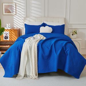Cmfshape Lightweight Quilt Set Summer Comforter,Thin Soft Bedspread 3 Pieces Queen Bedding Set Morden Style Banana Leaves Patterns (Royal Blue, Queen) (Queen(90"x90''))