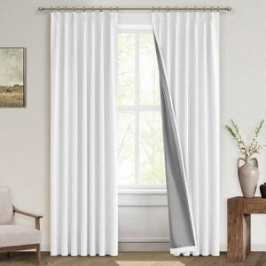 MIULEE Linen Pinch Pleated 100% Blackout Curtains for Bedroom 90 Inch Long 2 Panels Set - Back Tab Track Black Out Curtain for Living Room Darkening Triple Pleat Drapes with Hooks, White