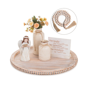 Hanobe Large Round Decorative Beaded Tray: Wood Coffee Table Tray with Beaded Garland Decor Rustic Pinkish Whitewashed Wooden Farmhouse Tray Decor for Counter Ottoman Centerpiece Candle Holder
