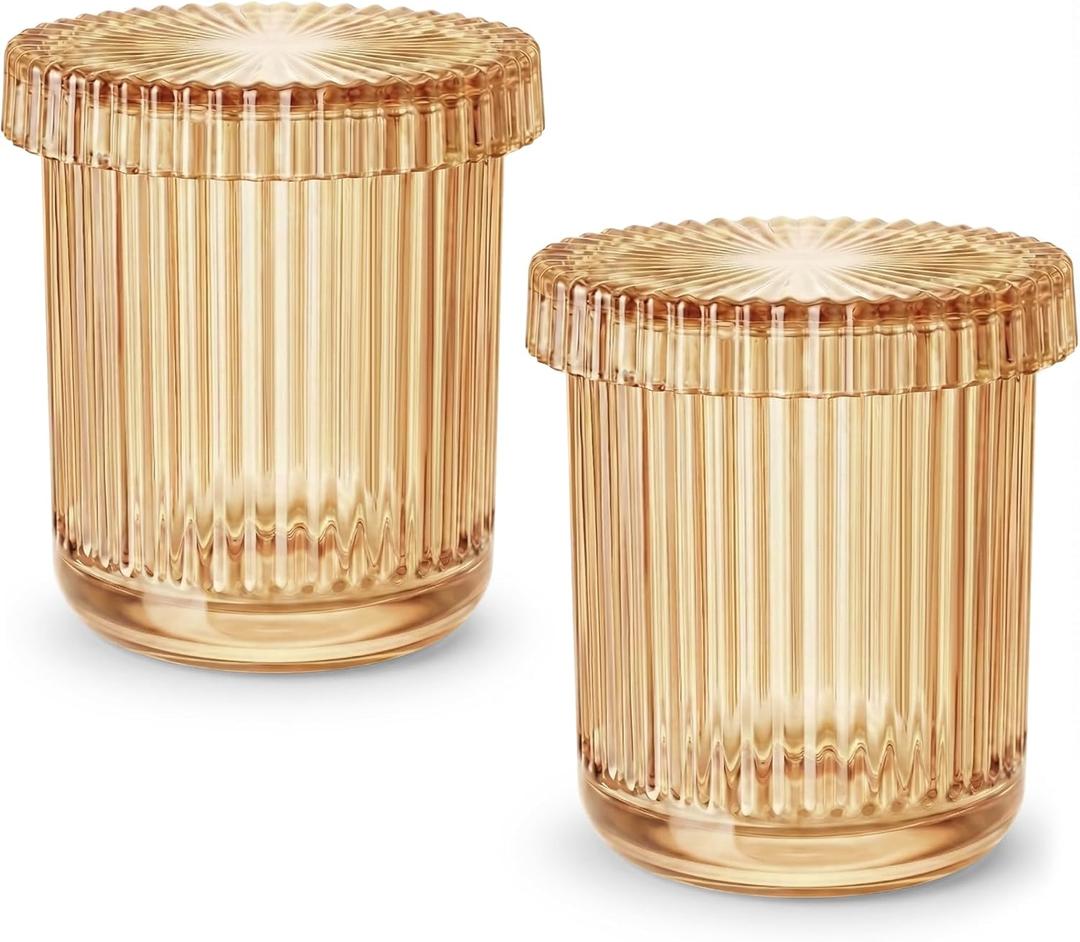 Bathroom Organizers and Storage,2 Pack Glass Qtip Holder Dispenser,Bathroom Essentials Accessories Decor,Vanity Makeup Storage Organizer for Cotton Swabs,Cotton Balls,Pads,Floss Picks (Amber)