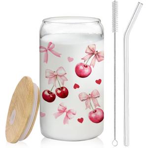 Coquette Preppy Pink Bow Cherry Glass Cup with Lids and Straws 14oz, Cute Girly Pink Cherry Glass Coffee Tumbler Drinking Jars with Cleaning Brush