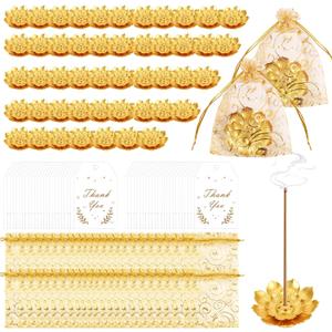 144 Pack Diwali Gifts Bulk, Lotus Incense Holder, Indian Return Gifts for Pooja Bulk, Gold Lotus Incense Sticks Holder with Organza Bags & Thank You Cards, Indian Return Gift (144 Pack)
