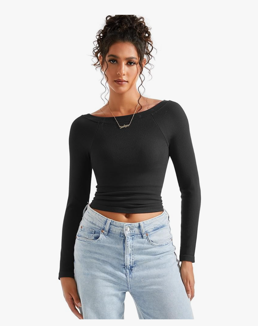 SUUKSESS Women Spring Modal Ribbed Top Boat Neck Long Sleeve Shirts Basic Going Out T Shirts M