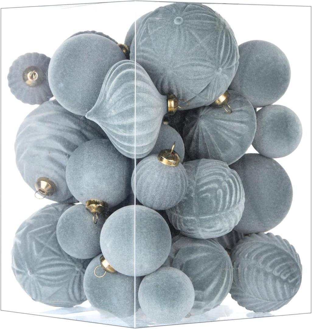 Flocked Ornaments for Christmas Tree Decorations - 35pcs Gray Velvet Ball Ornament for Winter Holiday Decor - Dusty Blue Plastic Shatterproof Xmas Ornaments Bulk (Grey)
