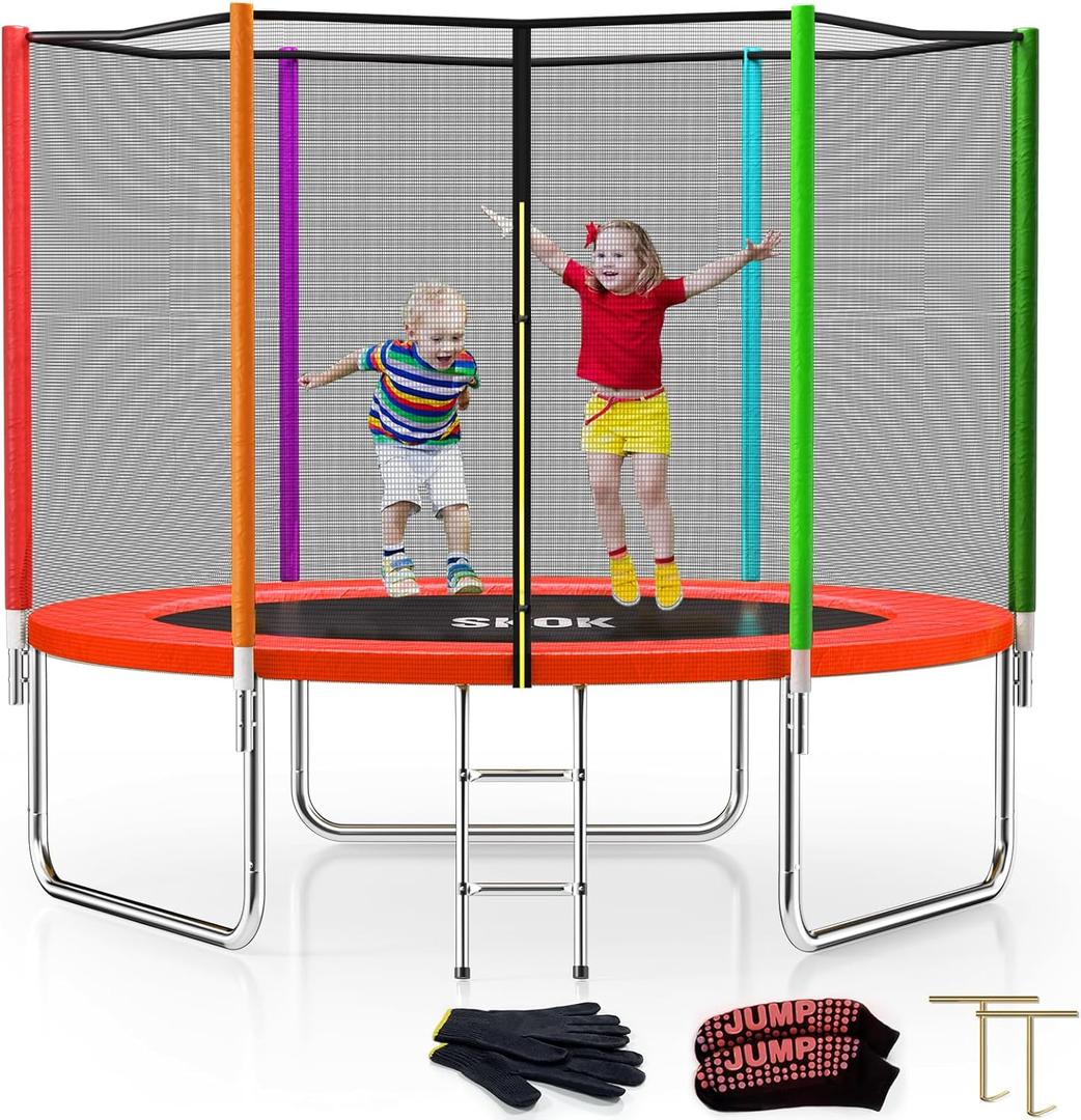 SKOK Trampoline 8FT 10FT 12FT 14FT 15FT Trampolines with Enclosure Net, 400LBS Outdoor Trampolines for Kids with Basketball Hoop-ASTM Approved Trampoline for Children and Adults with Ladder (Colorful)