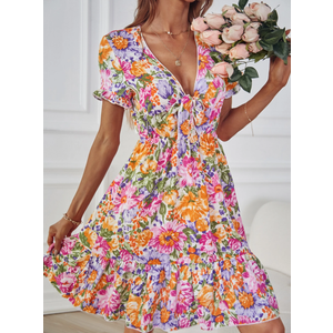 Allover Floral Print Tie Front Flounce Sleeve Ruffle Hem Dress Size S