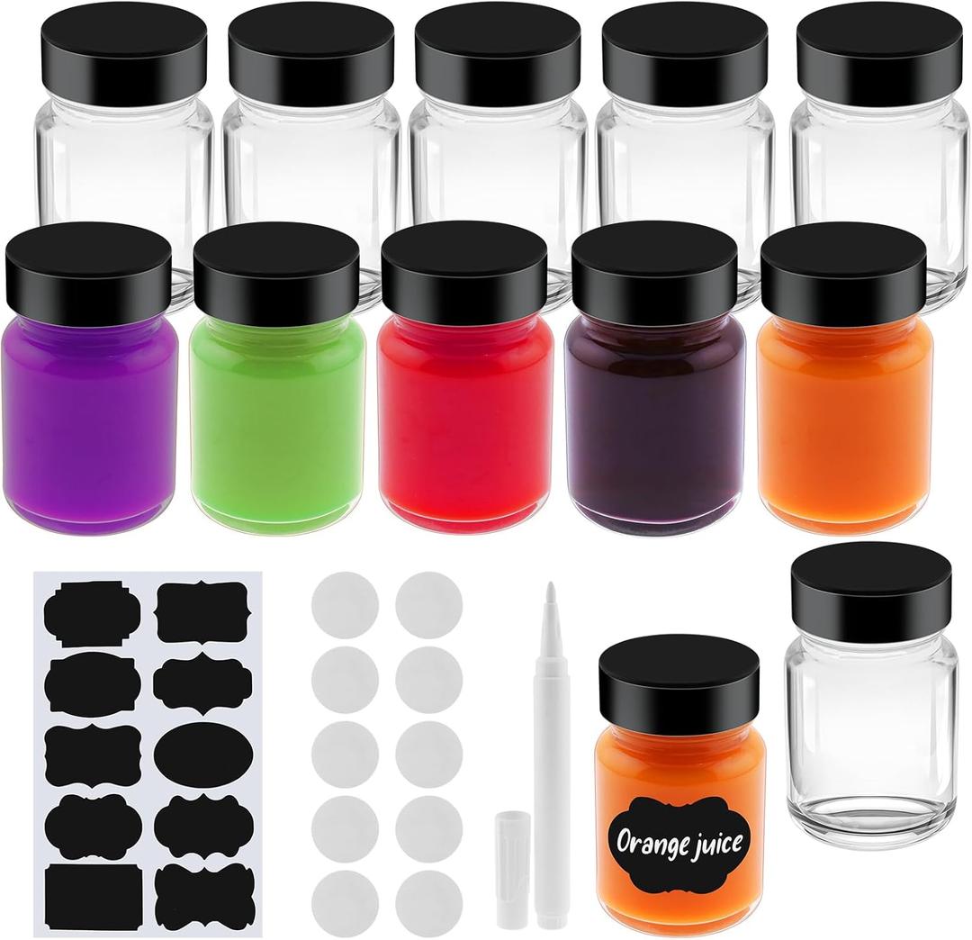 1 oz Juice Glass Shot Bottles with Black Lids & Labels and Pen, Wide Mouth Small Glass Bottles for Ginger, Leakproof Travel Mini Clear Jars for Wellness Shot, Ginger Shots (10)