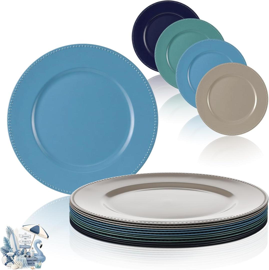 LemonRoad 12 Pcs Morandi Charger Plates 13 Inch Beaded Rim Plastic, 33.02 cm/ 13 inches