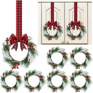 Crowye 6 Pcs Christmas Cabinets Wreaths for Kitchen Cabinets with Ribbon Hanging 10 Inches Artificial Green Leaves Decorative Berry for Kitchen Window Front Door Wall Winter Decor(Red and Black)