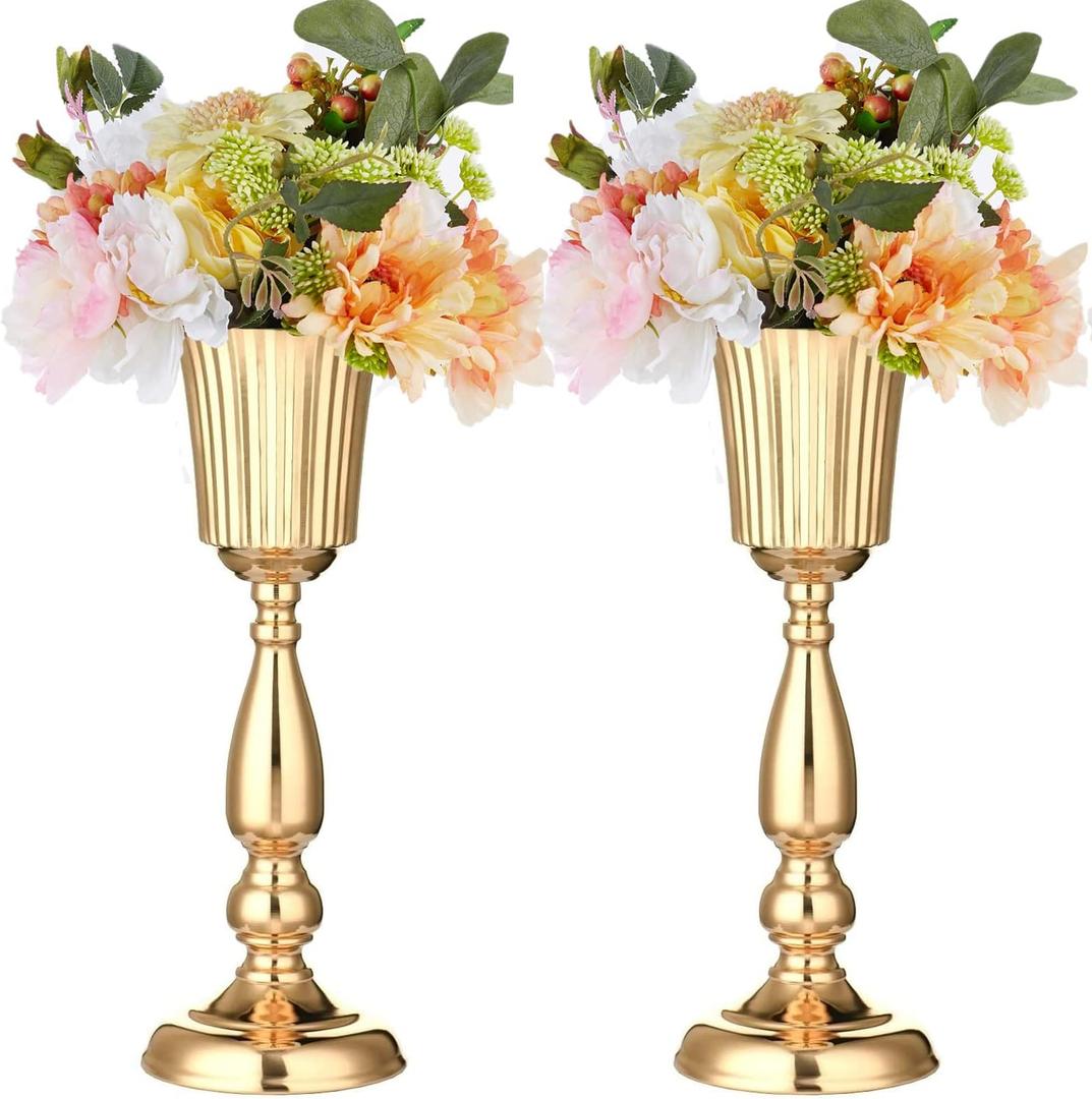 2 Pcs Gold Vase Centerpiece Table Decorations - Metal Tabletop Flower Stand, Wedding Decorations for Reception, 15.6in Trumpet Tall Flower Vase for Birthday, Weddings, Anniversary Ceremony, Home Decor