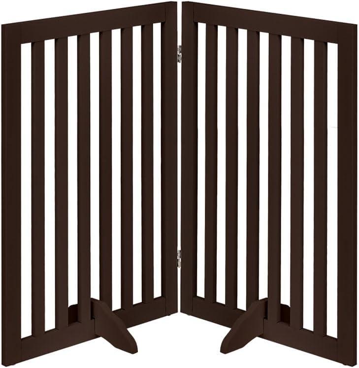 unipaws 36H Free Standing Pet Gate for Dog and Cat, Wooden Dog Gates for Doorway, Stairs, Room Divider, Step Over Foldable Pet Fence for The House, Expandable Barrier, Indoor Use, Espresso