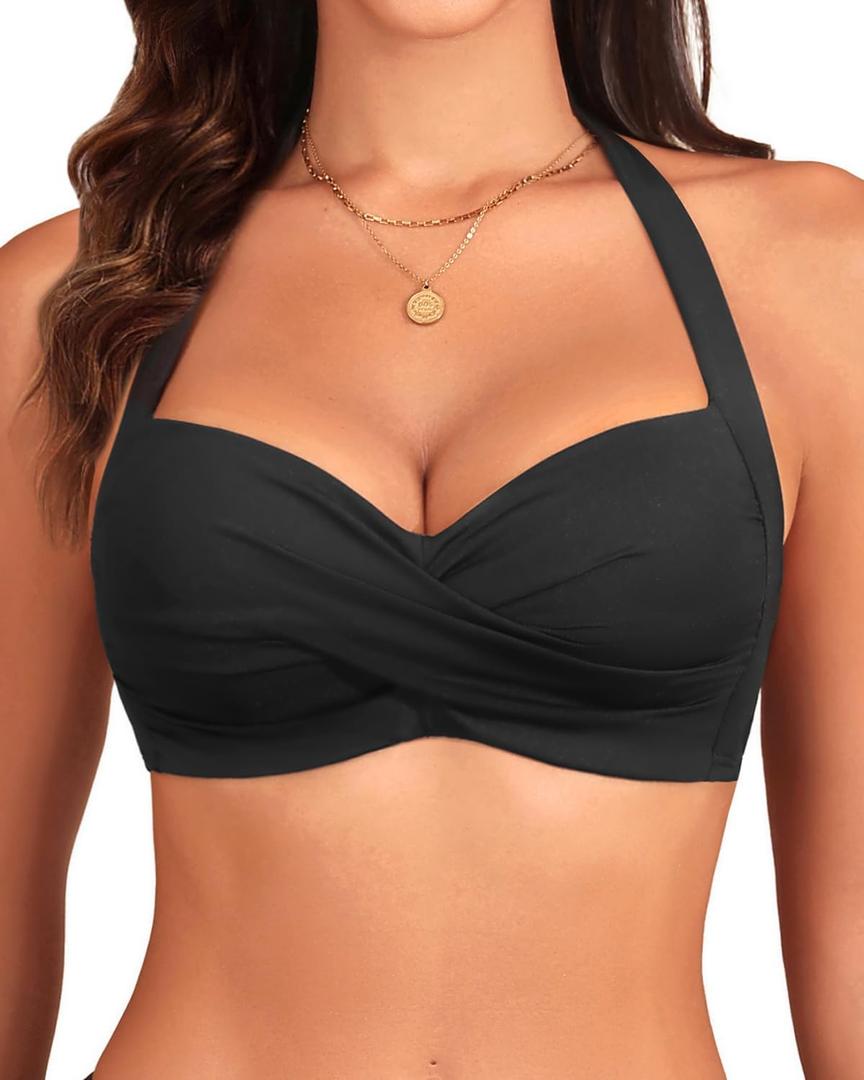 Yonique Women Halter Bikini Top Push Up Swimsuit Top Retro Swim Top Twist Front Bathing Suit Top Only (Medium, Black)