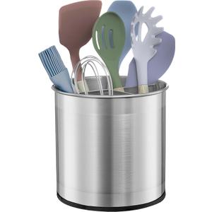 FineDine Rotating Utensil Crock with Weighted Base for Stability, Stainless Steel Utensil Caddy with Removable Divider, Brushed Stainless Steel
