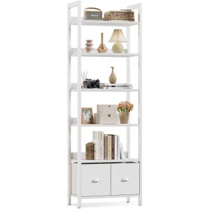 Furologee White 6 Tier Bookshelf with Drawers, Tall 71" Bookcase with Shelves, Modern Wood and Metal Bookshelves Storage Organizer, Display Free Standing Shelf Unit for Bedroom, Living Room, Office