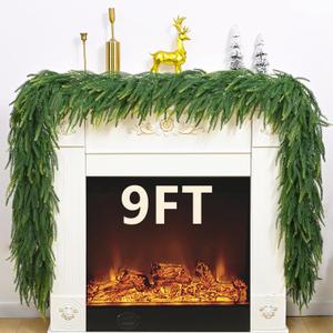 9Ft Cedar Garland Artificial Realistic, Real Touch Norfolk Pine Garland, Christmas Garland with Lights for Mantle Table Front Door Xmas Holiday Indoor Outdoor Decorations (1 Pack)