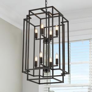 8-Light Lantern Tiered Pendant Light Fixtures, Black Metal Farmhouse Chandelier Hall Foyer Hanging Chandelier for Kitchen Island Dining Room Living Room Foyer Entryway, Black (H 31.6)
