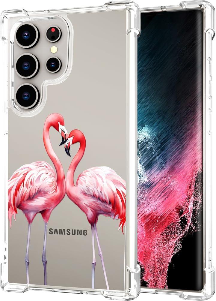 Hungo Compatible for Samsung Galaxy S25 Ultra Case for Women Girls Clear Design Cute,Girly Girls Skin Pink Couple Flamingos in Love Heart Animal