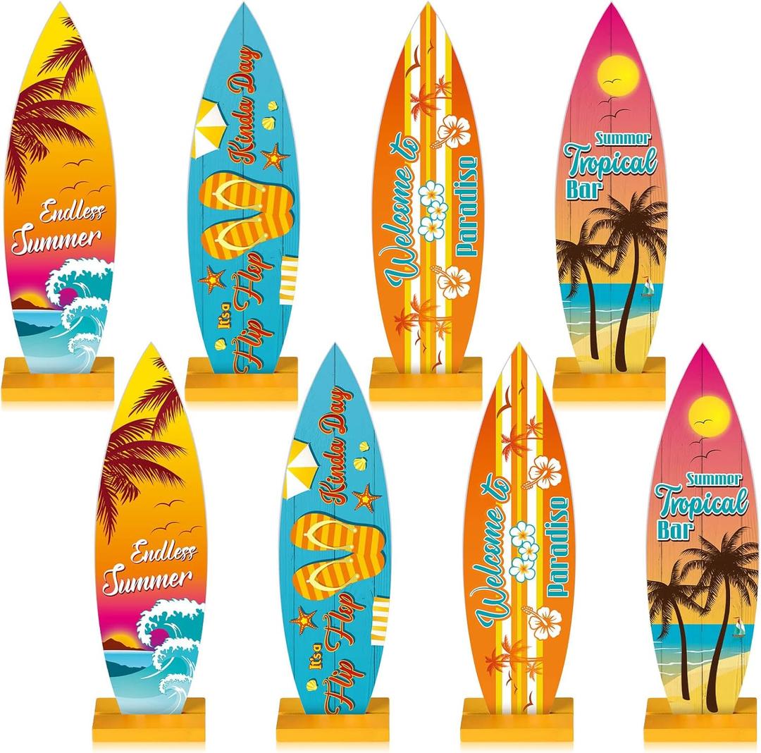 Blulu 8 Pcs Surfboard Table Decorations Beach Signs Welcome to Paradise Sign Tropical Bar Table Centerpieces Endless Summer Wood Sign Flip Flop Letters for Home Decor(8.27 x 2.4 Inch)