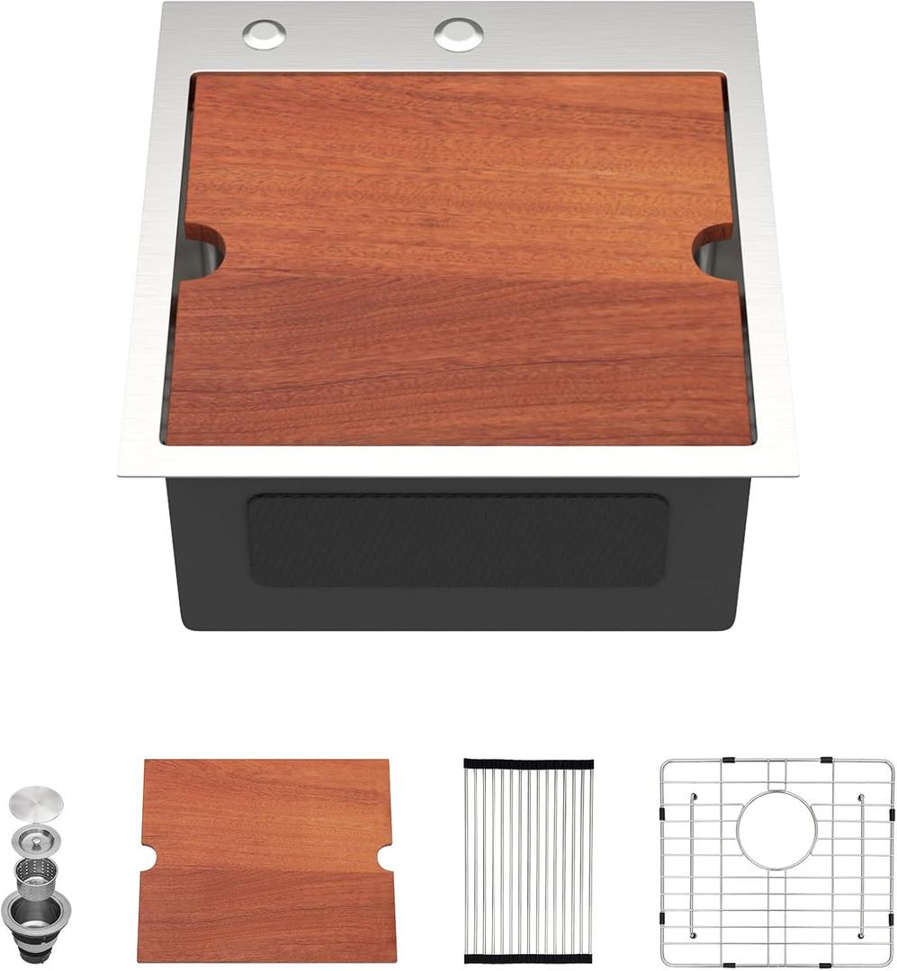 Dcolora Drop In Bar Sink 17x18x9 Inches, Workstation with Accessories, Brushed 304 Stainless Steel, Heavy Duty 16 Gauce, Small Single Bowl Perfect for Small Kitchen, Bar, Kitchen Island #DC-TW258003