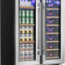 EUHOMY Wine and Beverage Refrigerator, 24 Inch Dual Zone Wine Cooler with Glass Door Hold 21 Bottles and 88 Cans, Built in or Under Counter Wine Fridge with Blue LED Light