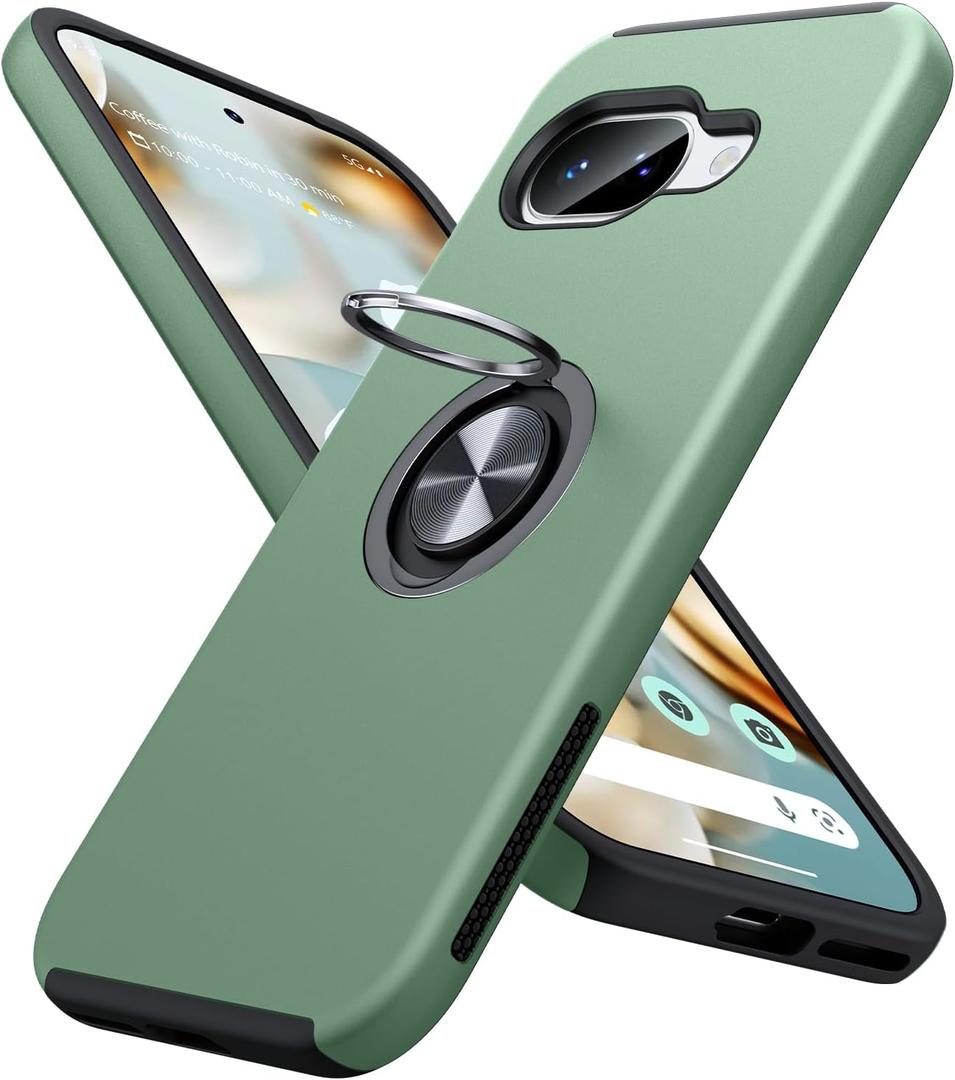 JAME for Google Pixel 9a Case, Dual Layer Military Grade Protection, Shockproof Cover with Metal Ring Holder Stand Kickstand, Slim Fit Protective Phone Case for Google Pixel 9A, Alpine Green