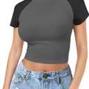 Womens Short Sleeve Crop Top Crew Neck Y2K Shirt Sexy Slim Fitted Casual Base Layer Soft Workout Shirt Going Out Tops (01-black Grey Combo)
